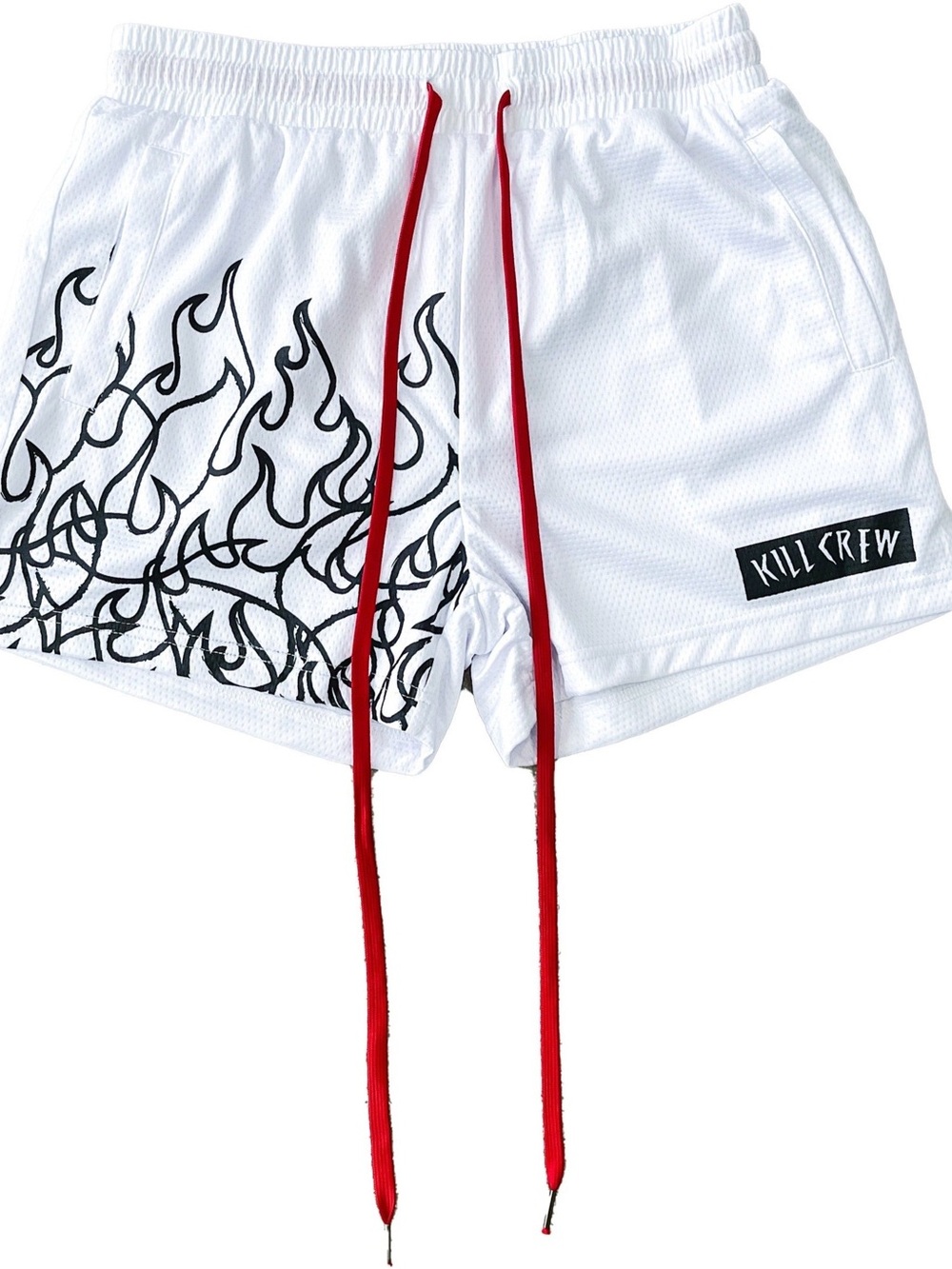 Kill Crew /// Unisex MUAY THAI FLAME SHORTS (MID THIGH CUT) - WHITE / BLACK - S
